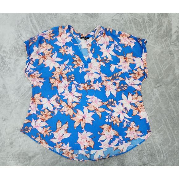 Signature Studio tropical Print Blouse Blue Pink Cap Sleeve Size 2X - Picture 7 of 9